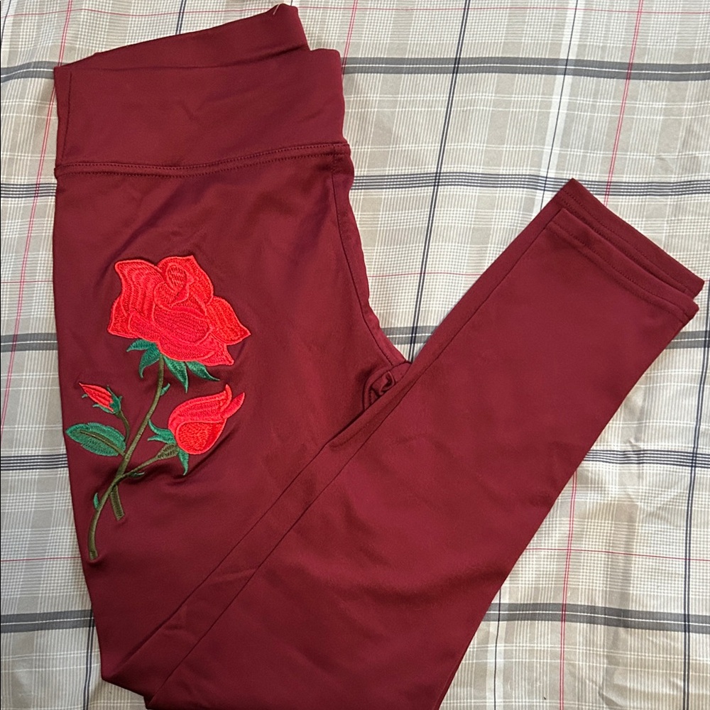 Embroidered Rose Leggings - Burgundy